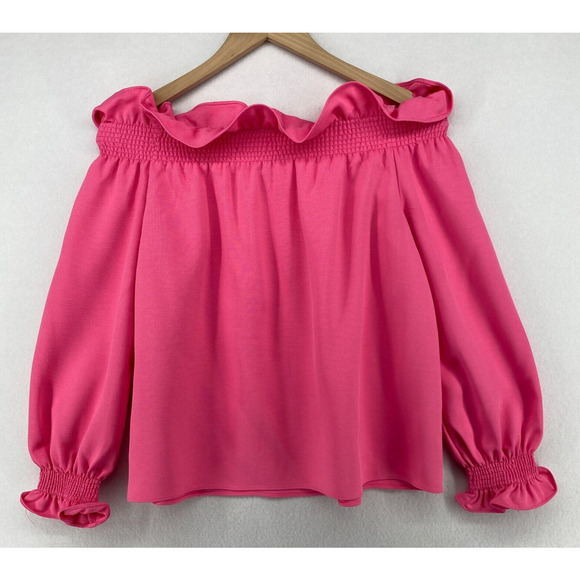 Tuckernuck Tops - TUCKERNUCK Top XS Shirred Ruffle Off the Shoulder Long Sleeve Blouse Pink